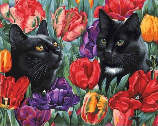 Black Cats Amongst The Tulips Paint By Number