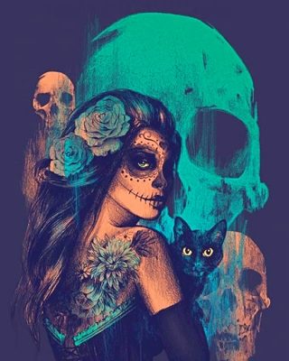 Skull Woman With Her Cat Paint By Number