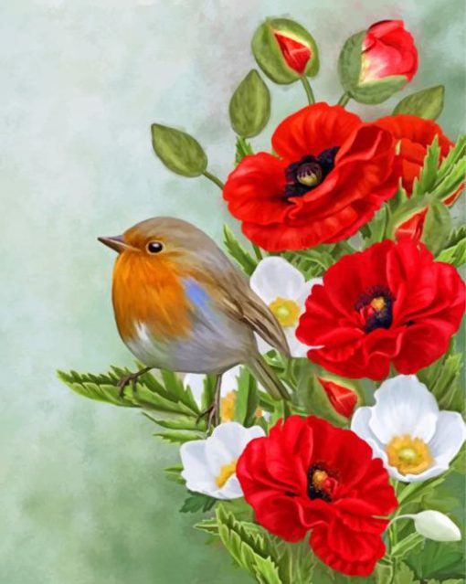 Bird On Poppy Flowers Paint by number