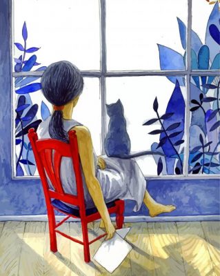 Girl And Cat By Window Paint by numbers