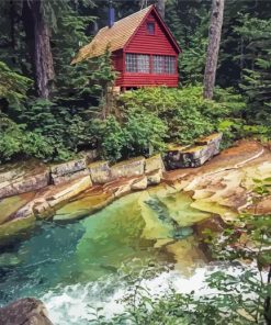 Fall Cabins By Stream paint by numbers