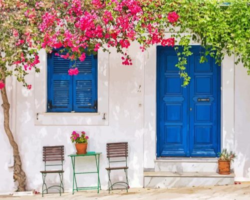 House With Flowers And Blue Door paint by numbers