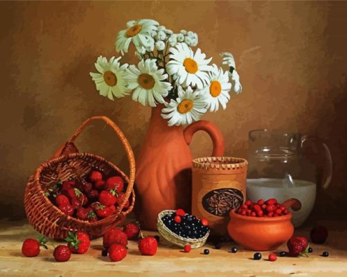 Still Life Stawberries And Daisies paint by numbers