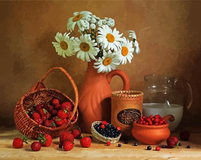 Still Life Stawberries And Daisies paint by numbers