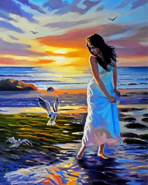 Woman In Beach With Seagulls paint by numbers