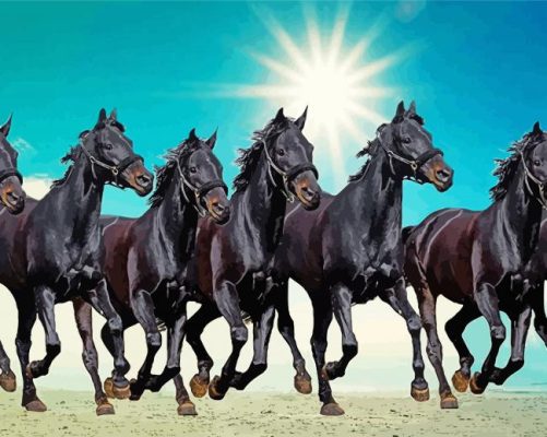 Black Seven Running Horses At Sunrise paint by numbers