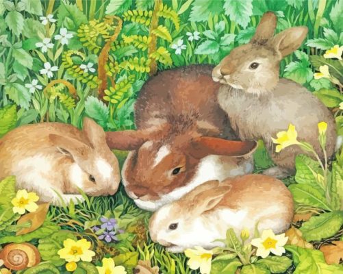 Four Bunnies And Plants paint by numbers