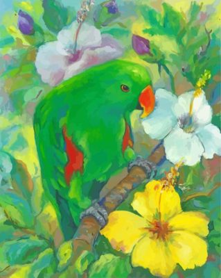 Green Eclectus Parrot And Flowers paint by numbers