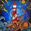 Lighthouse And Octopus Retro Art paint by numbers