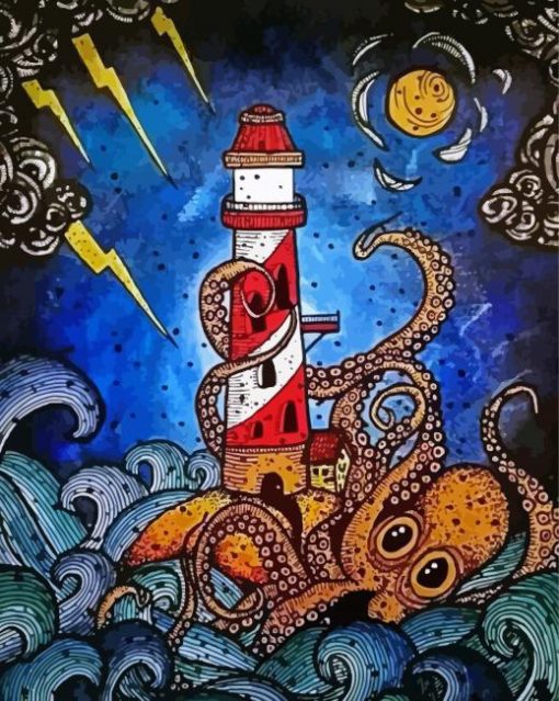 Lighthouse And Octopus Retro Art paint by numbers