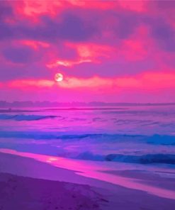 Pink Sunset With Mountain And Waves paint by numbers