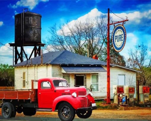 Red Old Gas Station Truck paint by numbers