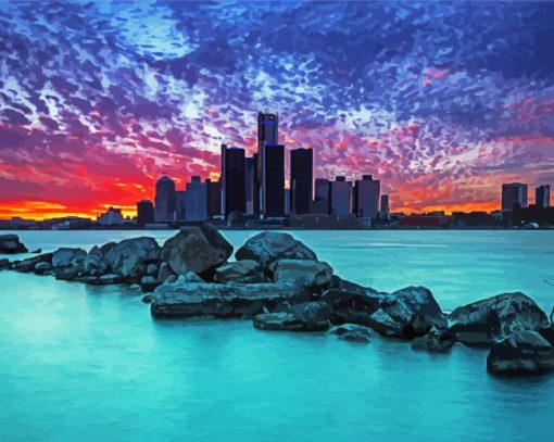 Sunset At Detroit Skyline paint by numbers