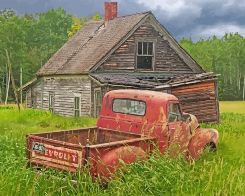 Chevy Old Cars In Farmyard paint by numbers