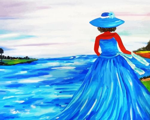 Lady Wearing Blue Dress In Ocean Art paint by numbers