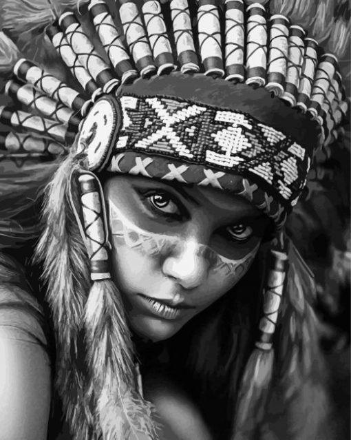 Black And White Native Girl With Head Dress Paint By Numbers