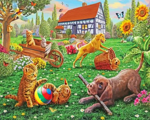 Dogs And Kittens Playing Paint By Numbers