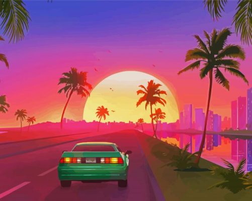 Illustration Car And Sunset Paint By Numbers