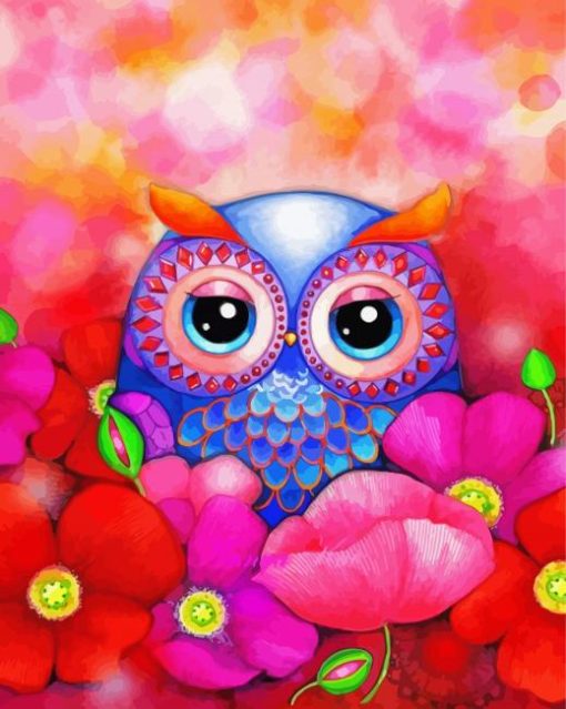 Owl With Red Pink Flowers Paint By Numbers