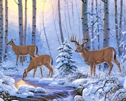 Trees And Deers In Snow Paint By Numbers