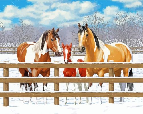 Winter Horses At Fence Paint By Numbers