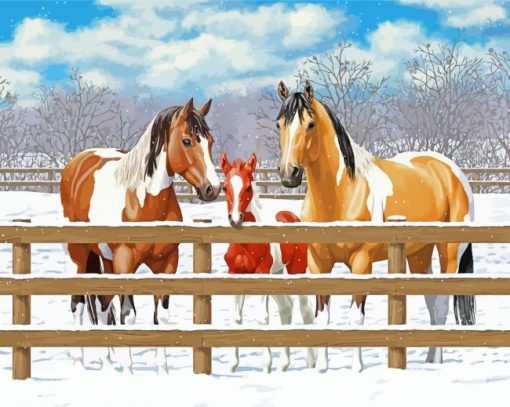 Winter Horses At Fence Paint By Numbers