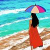 Aesthetic Woman Holding Umbrella On Beach Paint By Numbers