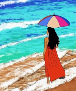 Aesthetic Woman Holding Umbrella On Beach Paint By Numbers