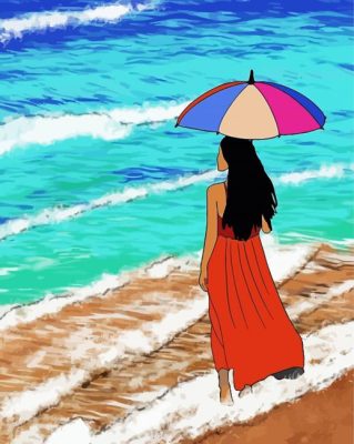 Aesthetic Woman Holding Umbrella On Beach Paint By Numbers