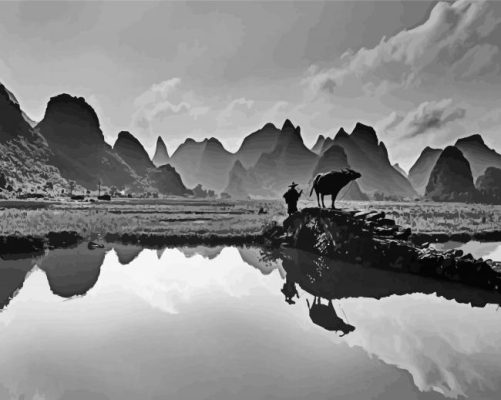 Black And White Guilin Mountains Paint By Numbers