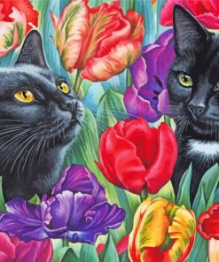 Black Cats With Red Flowers Paint By Numbers