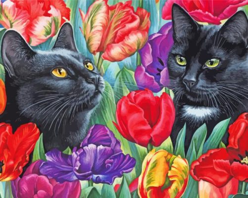 Black Cats With Red Flowers Paint By Numbers