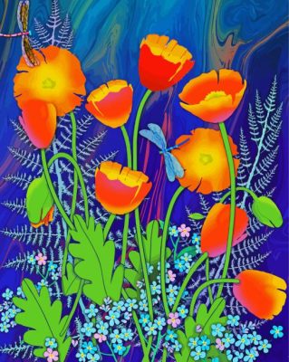 Orange Poppies And Dragonflies Paint By Numbers