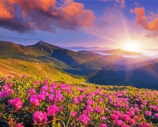 Pink Flowers And Mountains Paint By Numbers