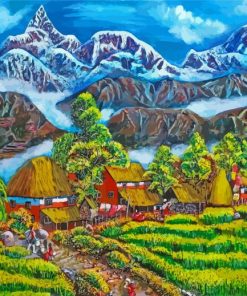 Village Near Mountains Landscape Art Paint By Numbers