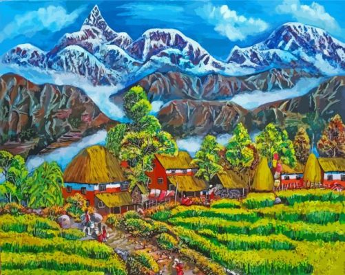 Village Near Mountains Landscape Art Paint By Numbers