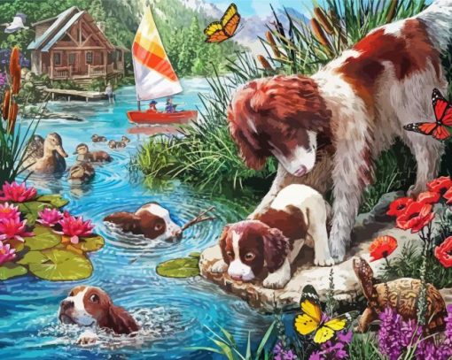 Dog Swimming With Animals paint by numbers