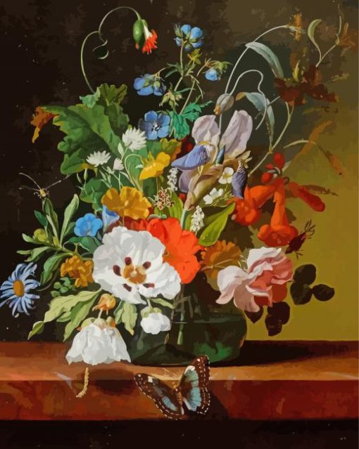 Still Life with Flowers in a Vase on a Ledge With a Dragonfly by Rachel Ruysch paint by numbers