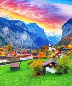 Sunset At Lauterbrunnen Village paint by numbers