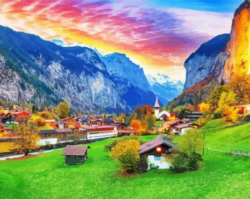 Sunset At Lauterbrunnen Village paint by numbers