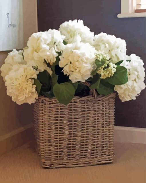 White Basket With Hydrangeas paint by numbers