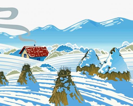 Illustration Winter Mountains Farm Scene Paint By Numbers