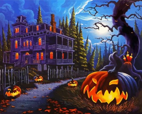 Moonlight Scary Pumpkin House Paint By Numbers