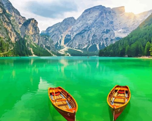 Two Boats On Lake With Mountain View Paint By Numbers