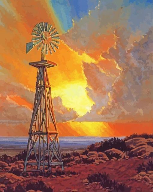 Western Windmill At Sunset Paint By Numbers