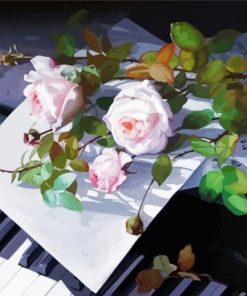 Piano With Pink Rose Flowers Paint By Numbers