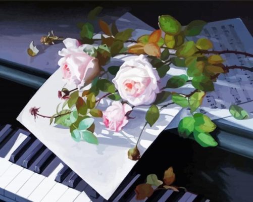 Piano With Pink Rose Flowers Paint By Numbers