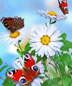 White Daisy Flowers With Butterflies Paint By Numbers
