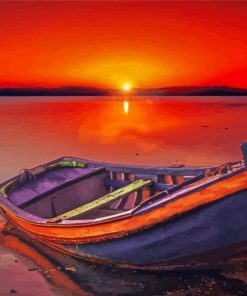 Boat In Beach With Red Sunset Paint By Numbers