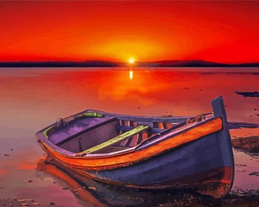 Boat In Beach With Red Sunset Paint By Numbers